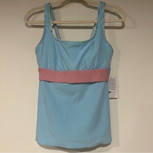 Lands' End Tankini Swimsuit Top Turquoise & Red Seersucker Underwire Size 8 NWT
